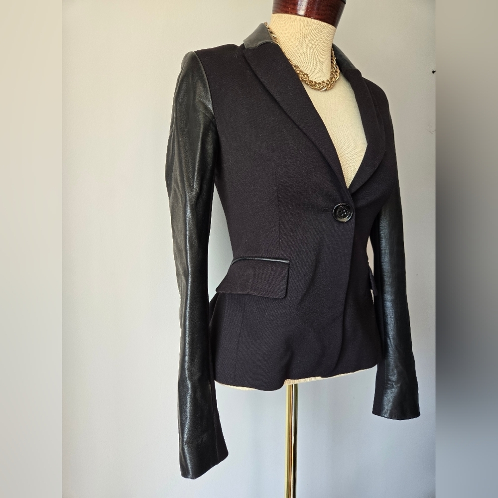 GUESS BY MARCIANO Black Fitted Blazer with Genuine Leather Sleeves, Back Ruffle. - Picture 2 of 15